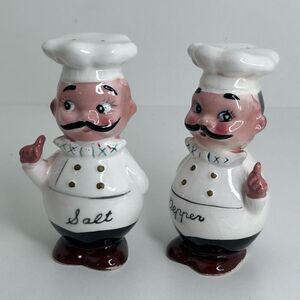 Vintage Japan Made Italian Chef Salt And Pepper Shakers 4.5" Black White Ceramic